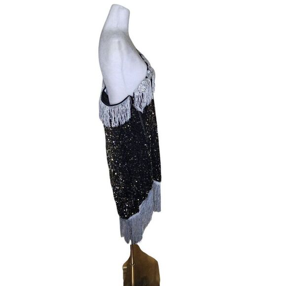 Retro 1920s Sequined One Shoulder Fringe Flapper Dress Womens Size 4XL Black Gat - Picture 3 of 7